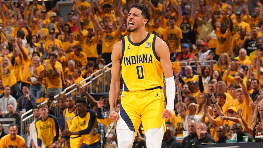 Tyrese Haliburton reacts on court