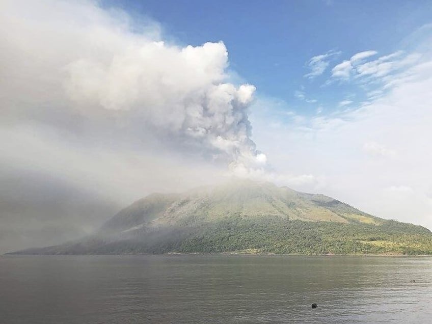 Mount Ruang volcano is seen during the eruption from Tagulandang Island, Indonesia, Thursd