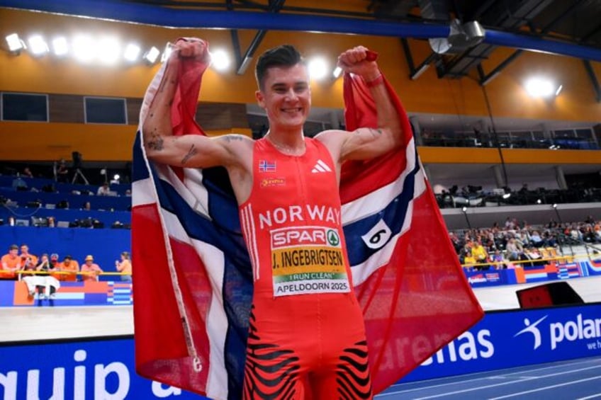 Norway's Jakob Ingebrigtsen celebrates after winning the men's 3000m