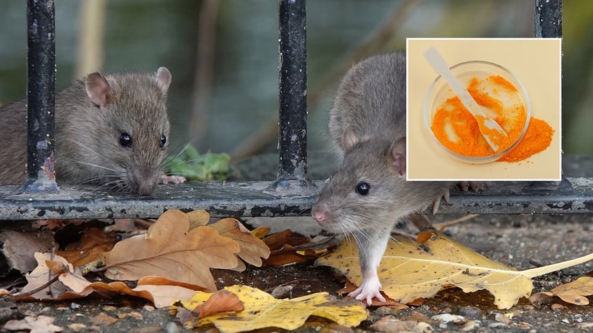 Two mice outside with an inset of tartrazine.