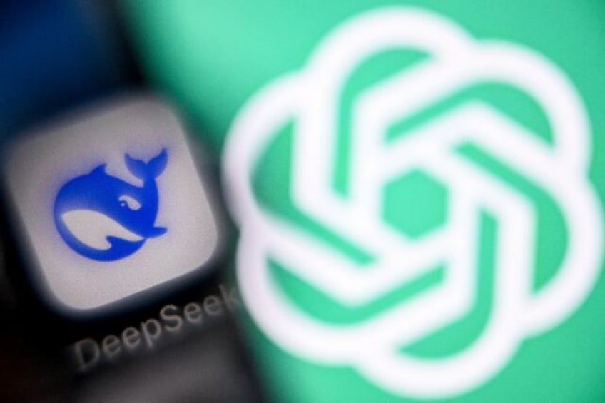 A photo taken on April 1, 2025 shows the GPT chat logo on a laptop screen (R) next to the