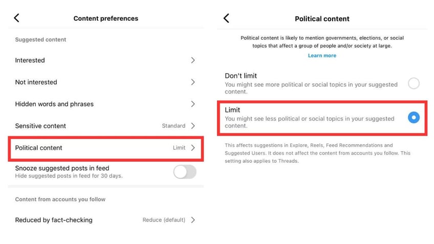 Two images showing political content restrictions in Instagram