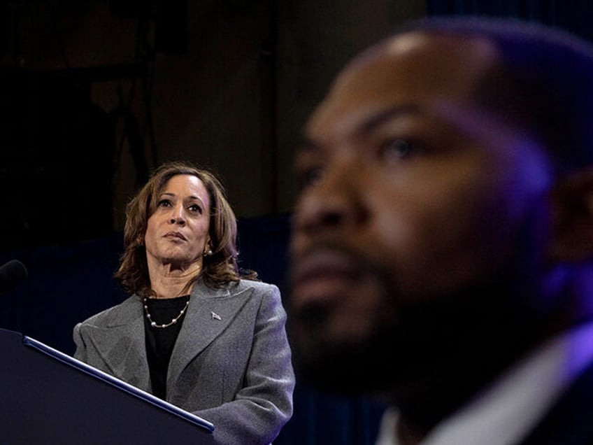 Vice President and Democratic presidential candidate Kamala Harris pauses as she speaks du