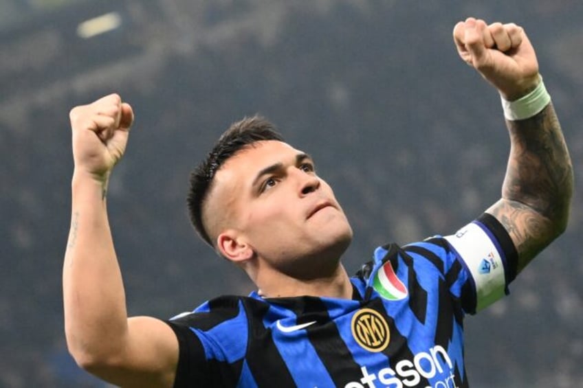 Lautaro Martinez celebrates opening the scorer for Inter Milan against Empoli