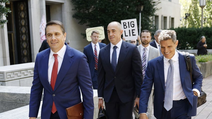 DOJ officials (L-R) Todd Blanche and Emil Bove, along with John Lauro seen outside federal court in Washington, DC. (Photo by Anna Moneymaker/Getty Images)