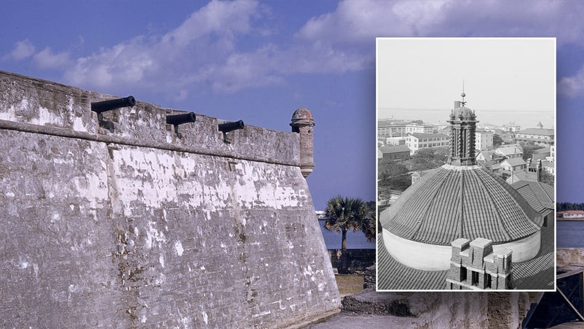 Black and white photo of St. Augustine with colored photo of Castillo de San Marcos in the background