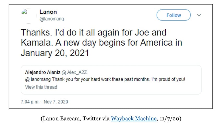 Baccam's deleted Tweets celebrating Biden’s campaign victory