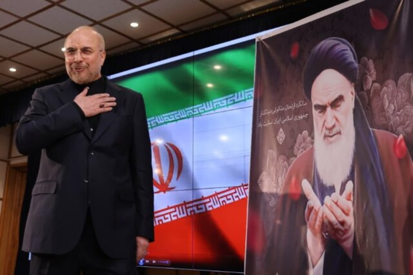 Iranian parliament speaker Mohammad Bagher Ghalibaf at a press conference after submitting