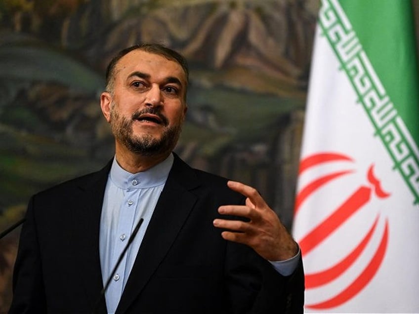 Iranian Foreign Minister Hossein Amirabdollahian gestures while speaking during a joint news conference with Russian Foreign Minister Sergey Lavrov following their talks in Moscow, Russia, Wednesday, Oct. 6, 2021. (Kirill Kudryavtsev/Pool Photo via AP)