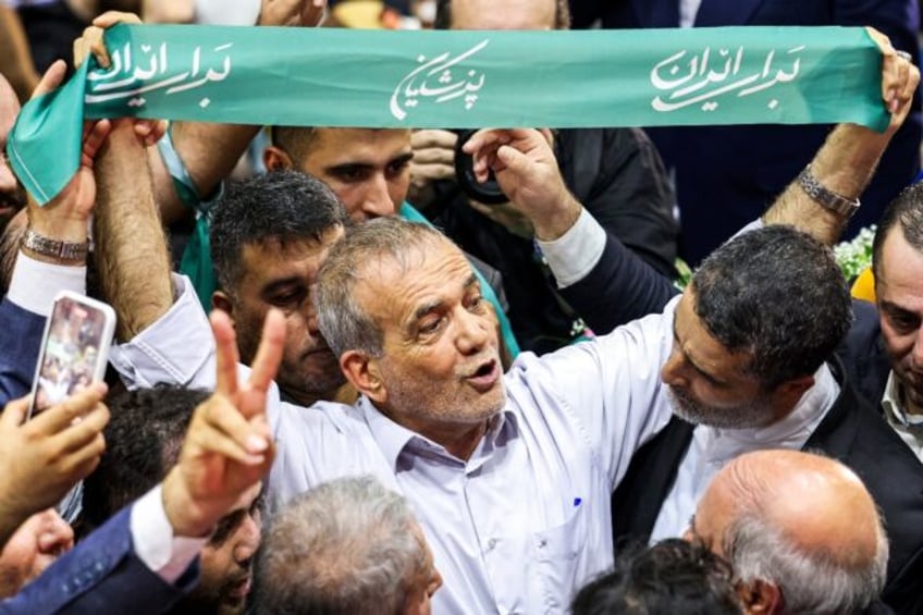 Iranian reformist presidential candidate Massoud Pezeshkian at a campaign rally in Tehran