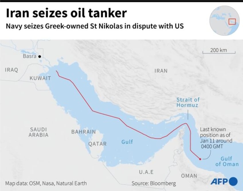 A map showing the region around the Gulf of Oman where the oil tanker St Nikolas was seized by the Iranian navy