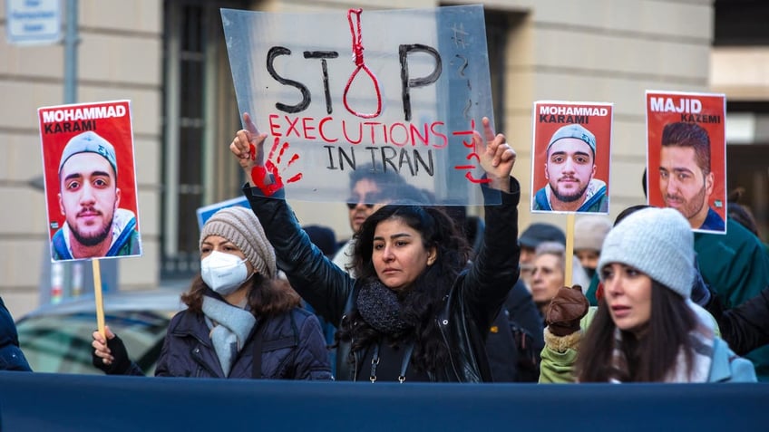 Iranian members of the diaspora, activists, gathered in front of the German Federal Foreign Office in Berlin during the "United Against Executions in Iran" protest on Jan. 27, 2024.