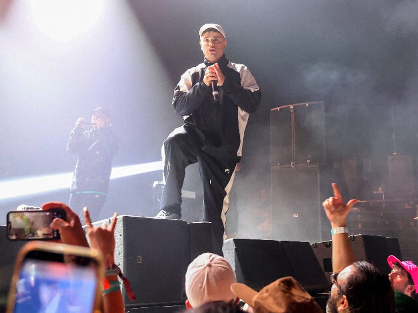 Moglai Bap from Irish Hip Hop trio Kneecap performs onstage during the 2025 Coachella Vall