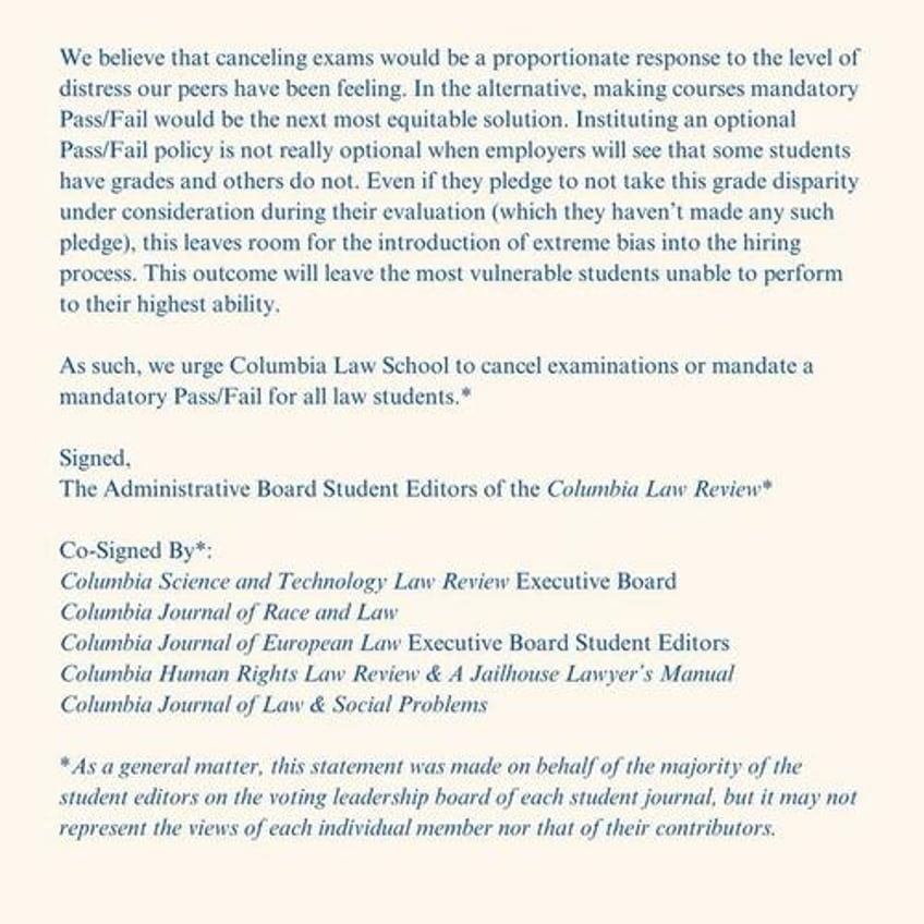 irrevocably shaken columbia law review editors ask for cancellation of exams due to protests