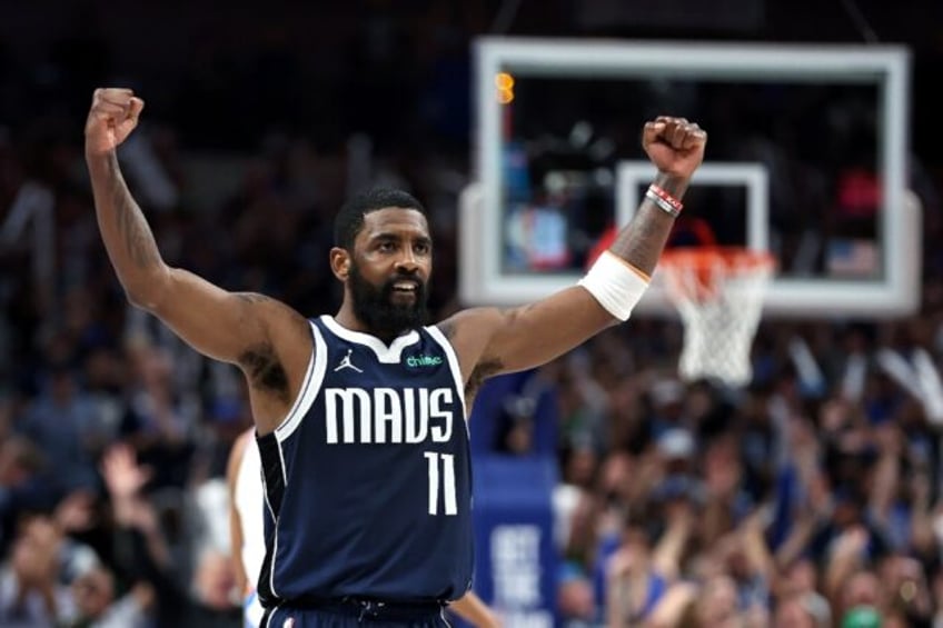 Kyrie Irving of the Dallas Mavericks reacts during the Mavs' NBA playoff win over the Okla