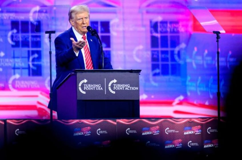 US President-elect Donald Trump speaks during Turning Point's annual AmericaFest 2024 in P