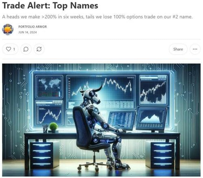 A robotic bull analyzing stocks.