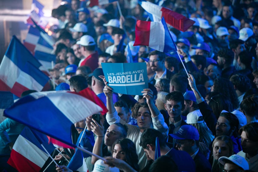 An attendee at the event holds a sign that reads "the youth with Bardella" during the grand Rassemblement National meeting with Marine Le Pen and Jordan Bardella at the Dome de Paris in Paris, France on June 02, 2024. (Photo by Victoria Valdivia / Hans Lucas / Hans Lucas via AFP) (Photo by VICTORIA VALDIVIA/Hans Lucas/AFP via Getty Images)