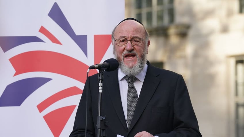 Chief Rabbi Sir Ephraim Mirvis speaks during a vigil outside Downing Street, central London, for victims and hostages of Hamas attacks, organized by The Board of Deputies of British Jews, as the death toll rises amid ongoing violence in Israel and Gaza following the attack by Hamas.