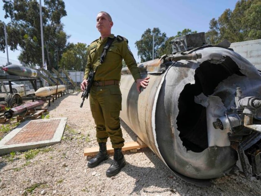 Israeli military spokesperson, Rear Adm. Daniel Hagari, display to the media one of the Ir