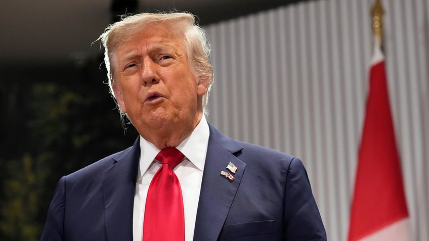 President Donald Trump speaks during a meeting with Canada's Prime Minister Mark Carney on the sidelines of the G7 Summit, Monday, Jun. 16, 2025, in Kananaskis, Canada. 