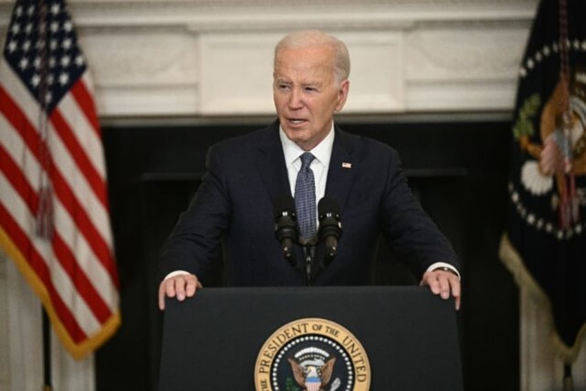 US President Joe Biden speaks about the situation in the Middle East, in the State Dining