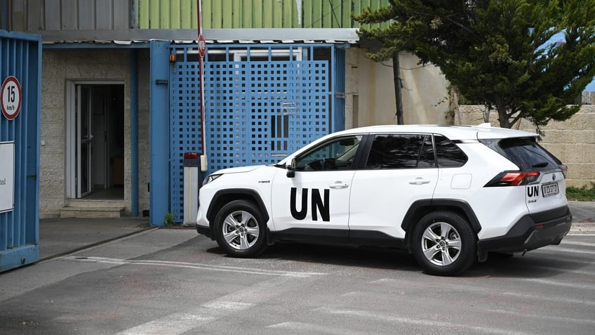 A U.N. vehicle enters the UNRWA offices in Jerusalem on Apr 2, 2024.