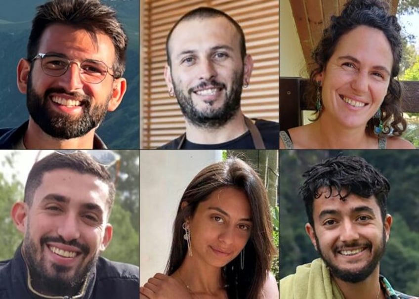 The six killed Gaza hostages shown clockwise from top left: Almog Sarusi, Alexander Lobano