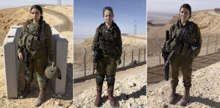 This combination of pictures shows Israeli soldiers (L to R) Marom, Shana and Eliora, from the mixed gender infantry unit of the Bardelas battalion, posing on the sidelines of a training exercise along the Israel-Egypt border near Har Harif