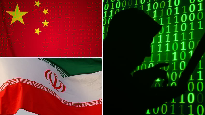 China, Iran, hacker image montage