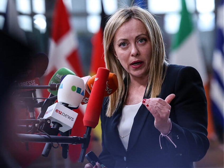 Giorgia Meloni, Italy's prime minister, speaks to the media on day two of the European Uni