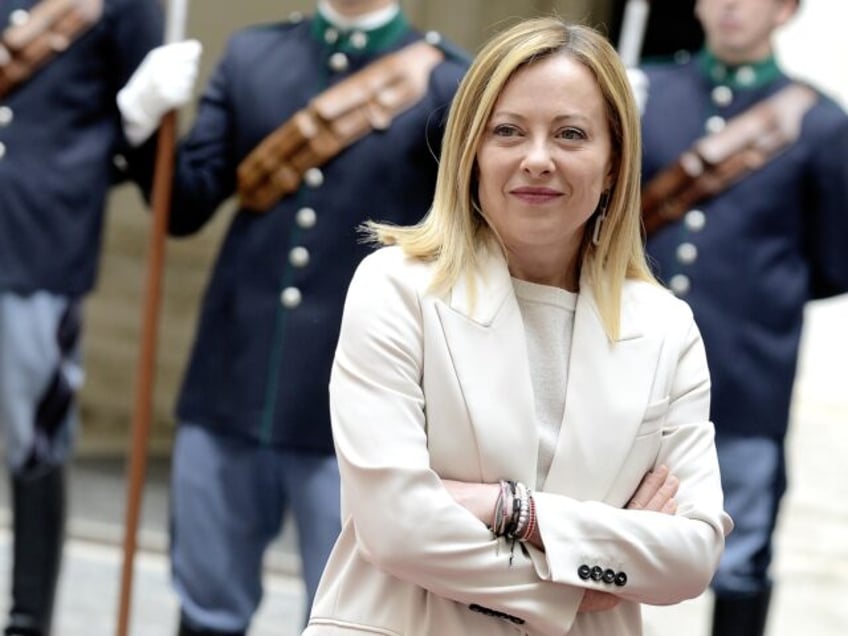 ROME, ITALY - MAY 08:Prime Minister, Giorgia Meloni, in the courtyard of Palazzo Chigi wai