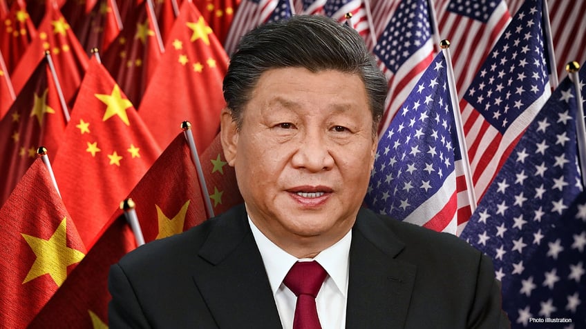 Xi Jinping with China, US flags in background in photo illustration