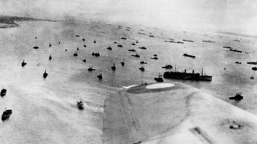 The Allied Naval forces engages in the Overlord operation of landing while Allied forces storm the Normandy beaches