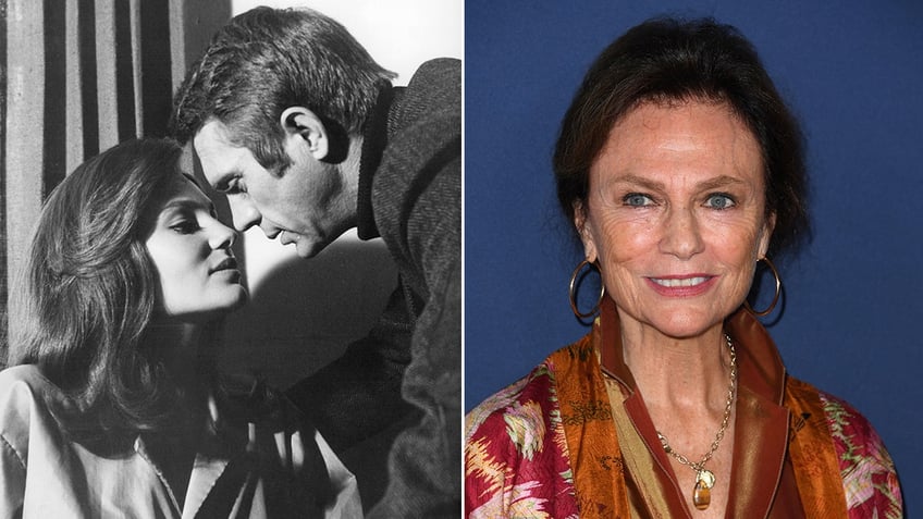 A split side-by-side image of Jacqueline Bisset getting kissed by Steve McQueen and a close-up of Jacqueline Bisset smiling in a multiprinted blouse.