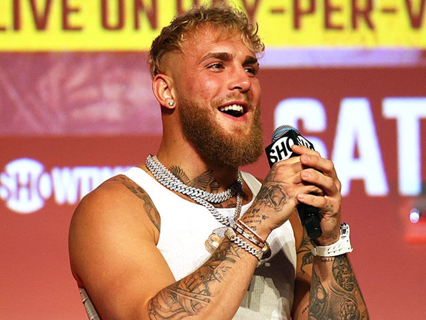 Jake Paul reacts during a Jake Paul v Anderson Silva press conference at NeueHouse Hollywo