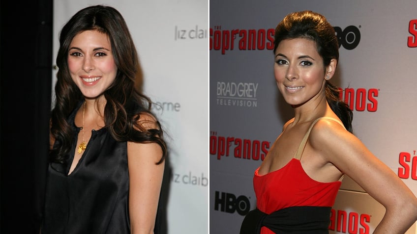 Jamie-Lynn Sigler in a black silky blouse split Jamie-Lynn Sigler in a red dress with a black bow on the carpet