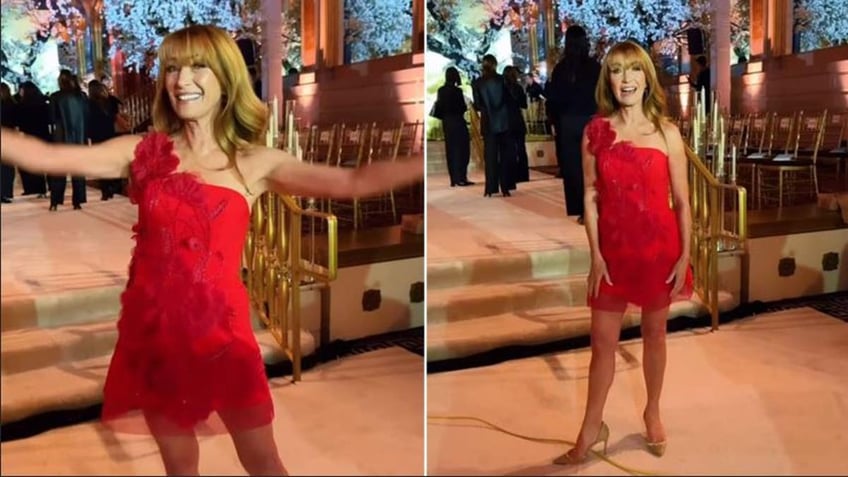 Jane Seymour posing in her red mini dress