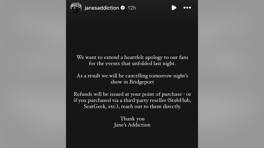 Screenshot of Jane's Addiction apology shared to Instagram stories