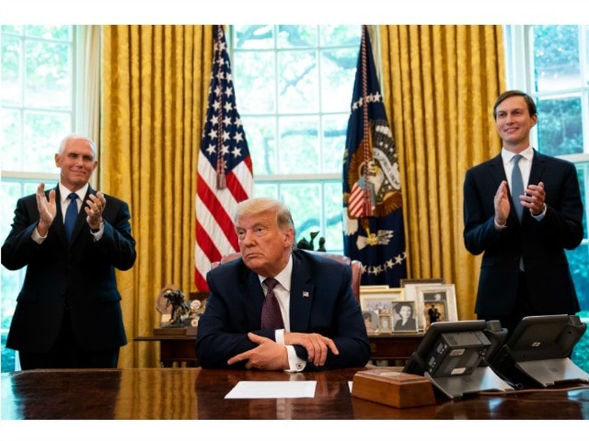 WASHINGTON, DC - SEPTEMBER 11: U.S. President Donald Trump, flanked by U.S. Vice President Mike Pence (L) and Advisor Jared Kushner, speaks in the Oval Office to announce that Bahrain will establish diplomatic relations with Israel, at the White House in Washington, DC on September 11, 2020. The announcement follows one last month by Israel and the United Arab Emirates that they would seek to normalize relations with each other. (Photo by Anna Moneymaker-Pool/Getty Images)