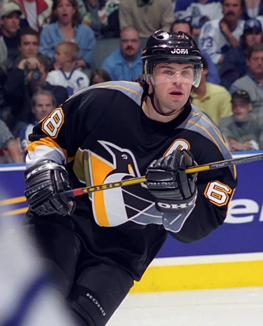 Jaromir Jagr of the Pittsburgh Penguins skates against the Toronto Maple Leafs during the 1999 Quarter Finals of the NHL playoff game action at Air...