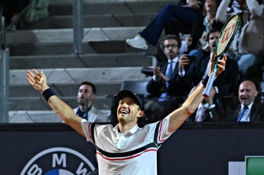 Breakthrough: Nicolas Jarry celebrates his victory overs Stefanos Tsitsipas