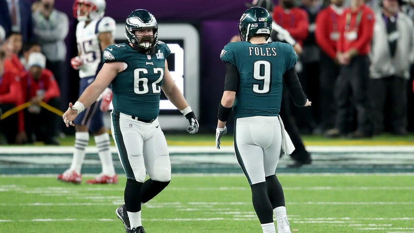 Jason Kelce celebrates with Nick Foles