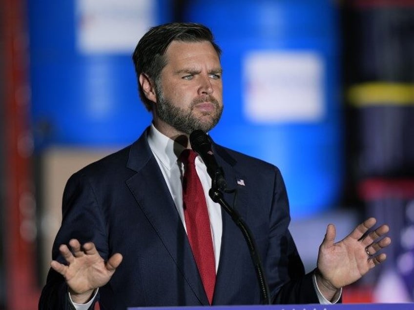 Republican vice presidential nominee Sen. JD Vance, R-Ohio, speaks at a campaign rally, Mo