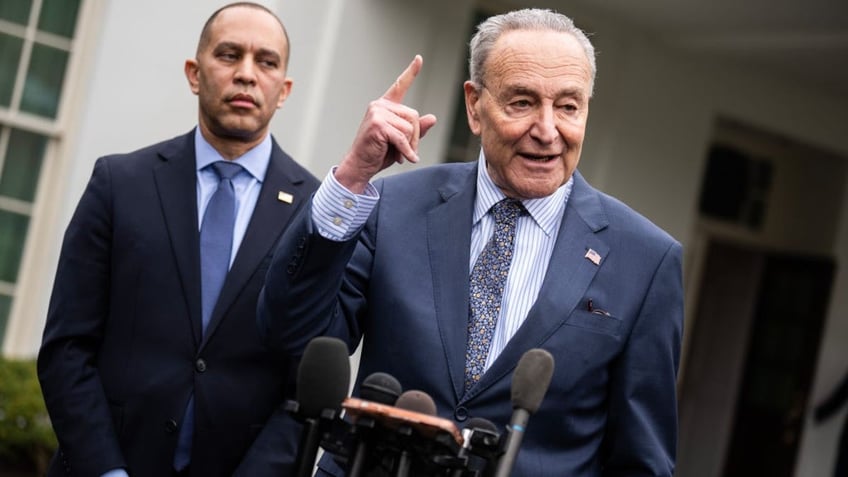 Senate Majority Leader Chuck Schumer and House Minority Leader Hakeem Jeffries speak to reporters after the White House meeting