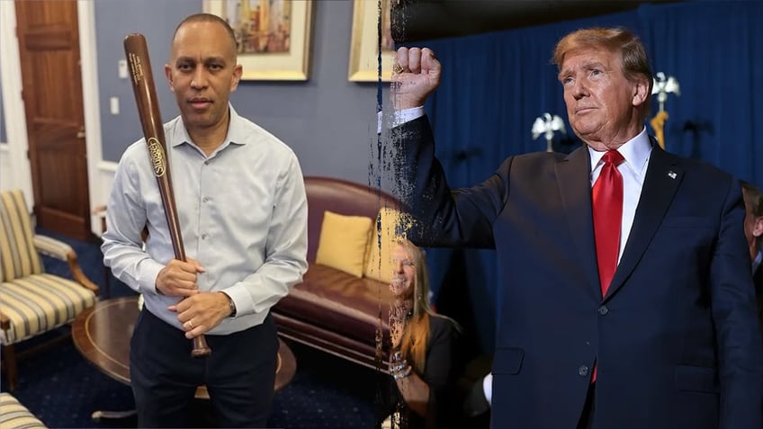 Hakeem Jeffries holding up baseball bat and Donald Trump holding up a fist in split image