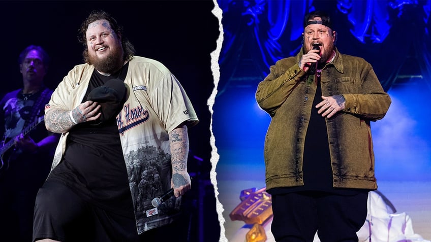 Jelly Roll looks up with his baseball hat to his chest wearing an open jersey on stage split Jelly Rolly looks outwards on stage wearing a backward hat and green jean jacket