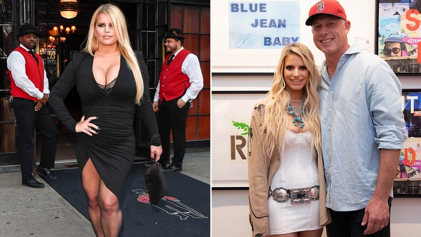 Split screen of Jessica Simpson before and after with husband Eric Johnson