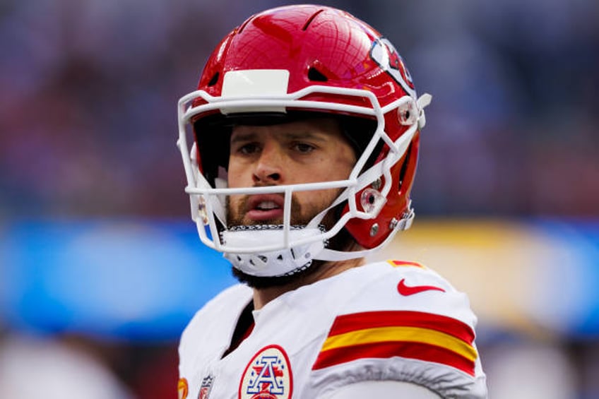 Harrison Butker of the Kansas City Chiefs on the sideline during a game against the Los Angeles Chargers at SoFi Stadium on January 7, 2024 in...