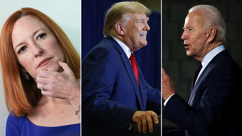 Jen Psaki Joe Biden and Donald Trump split image